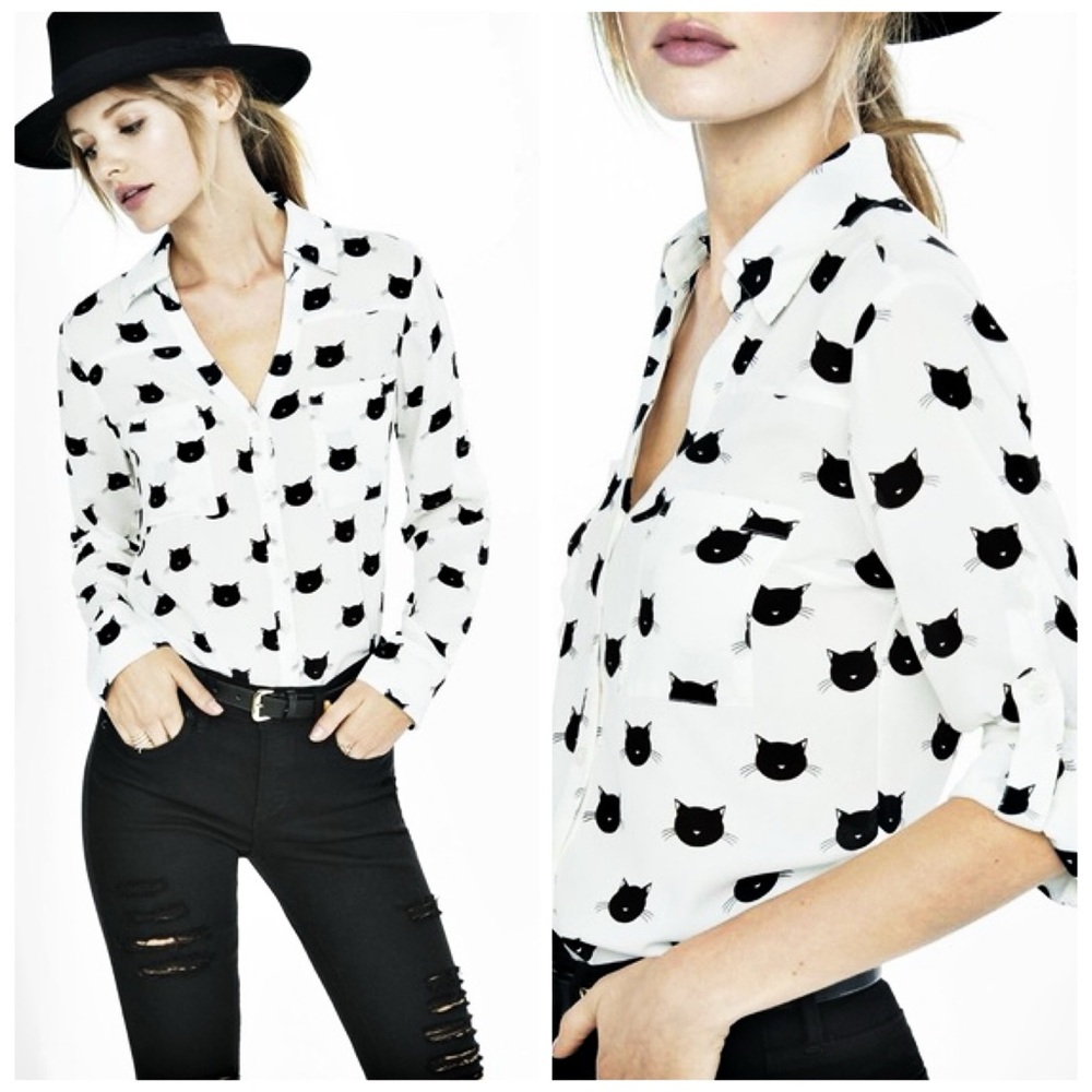 Express Portofino Button Down Blouse Ivory Black Cat Rare Print Size Small - Picture 12 of 14